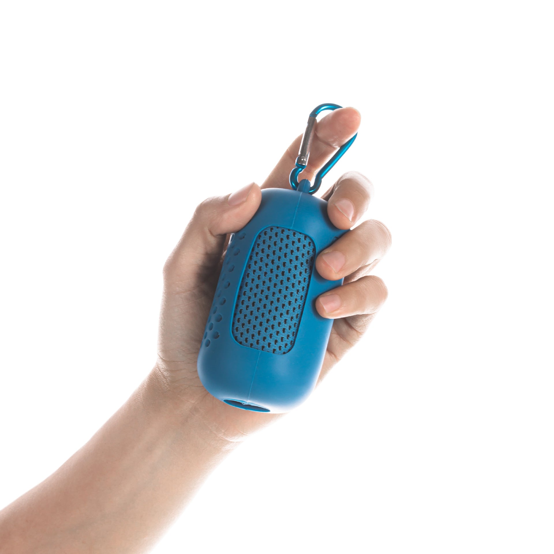Portable cooling towel silicone case in hand - blue